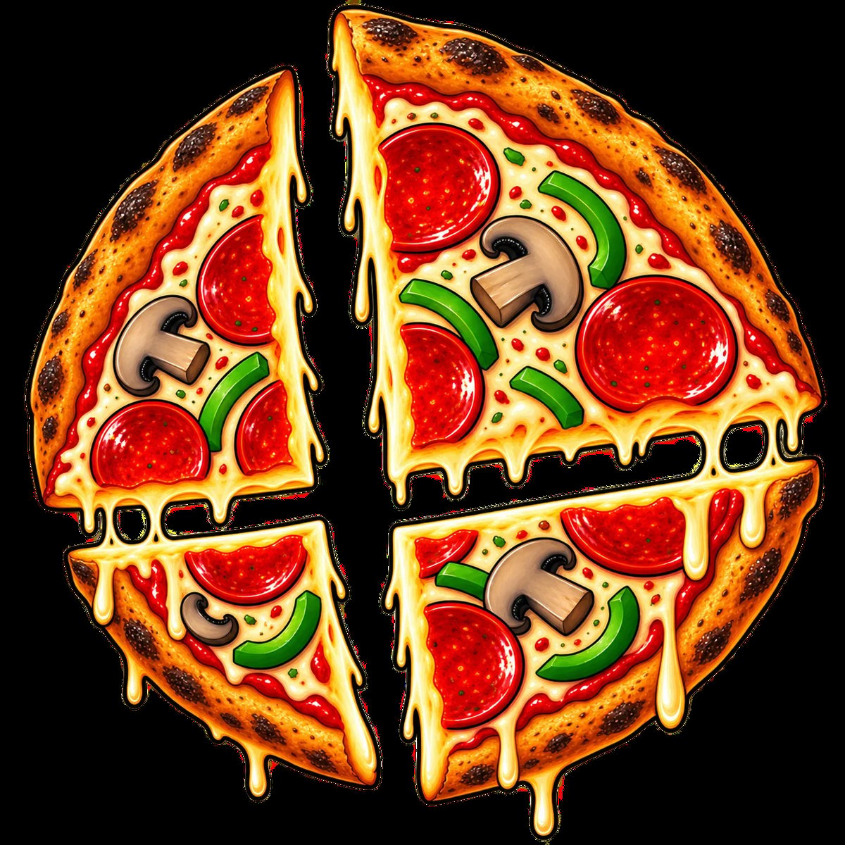 Four pizza slices arranged in a circle with pepperoni, mushrooms, and green peppers, with melted cheese dripping down